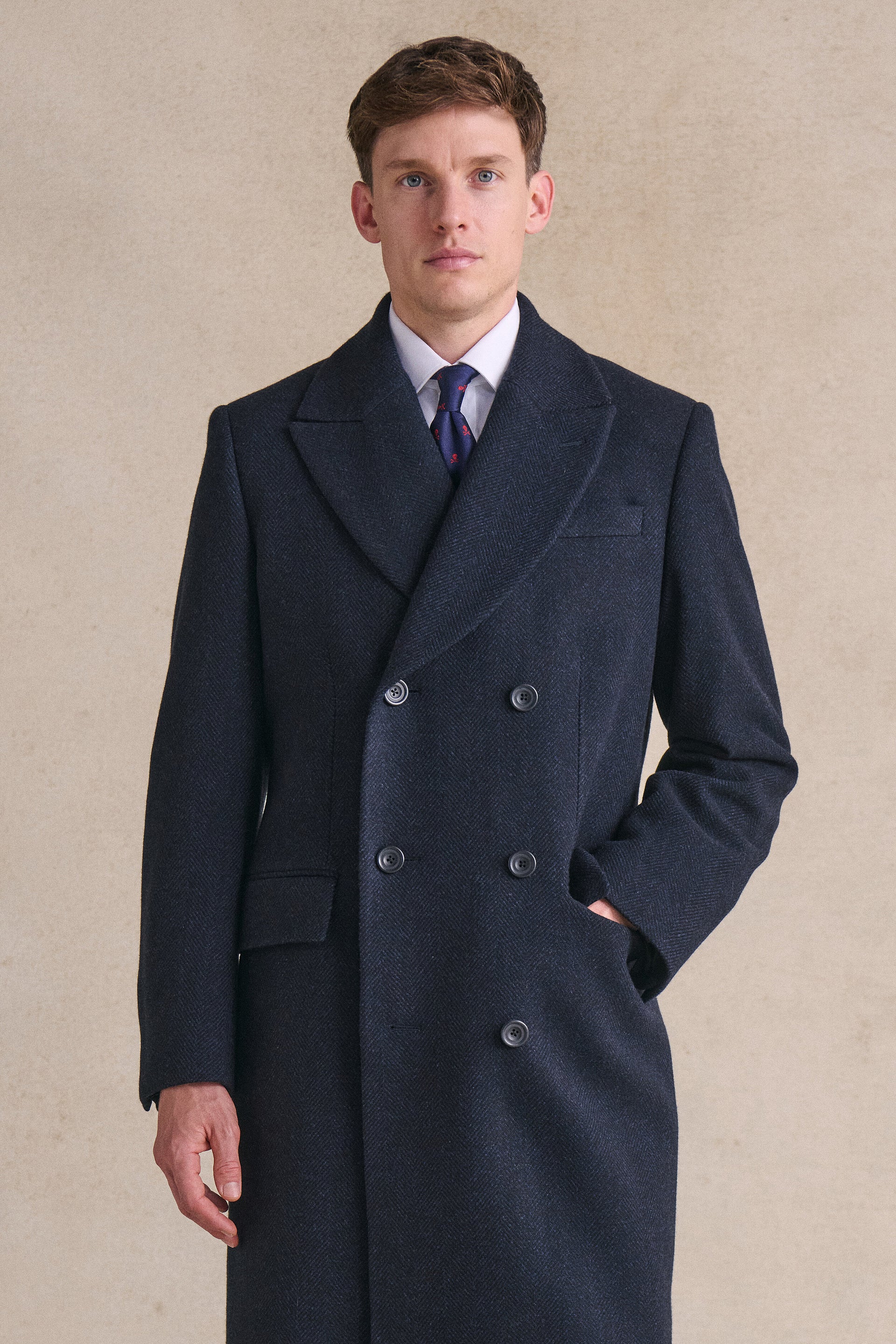 Navy Herringbone Double Breasted Wool Coat