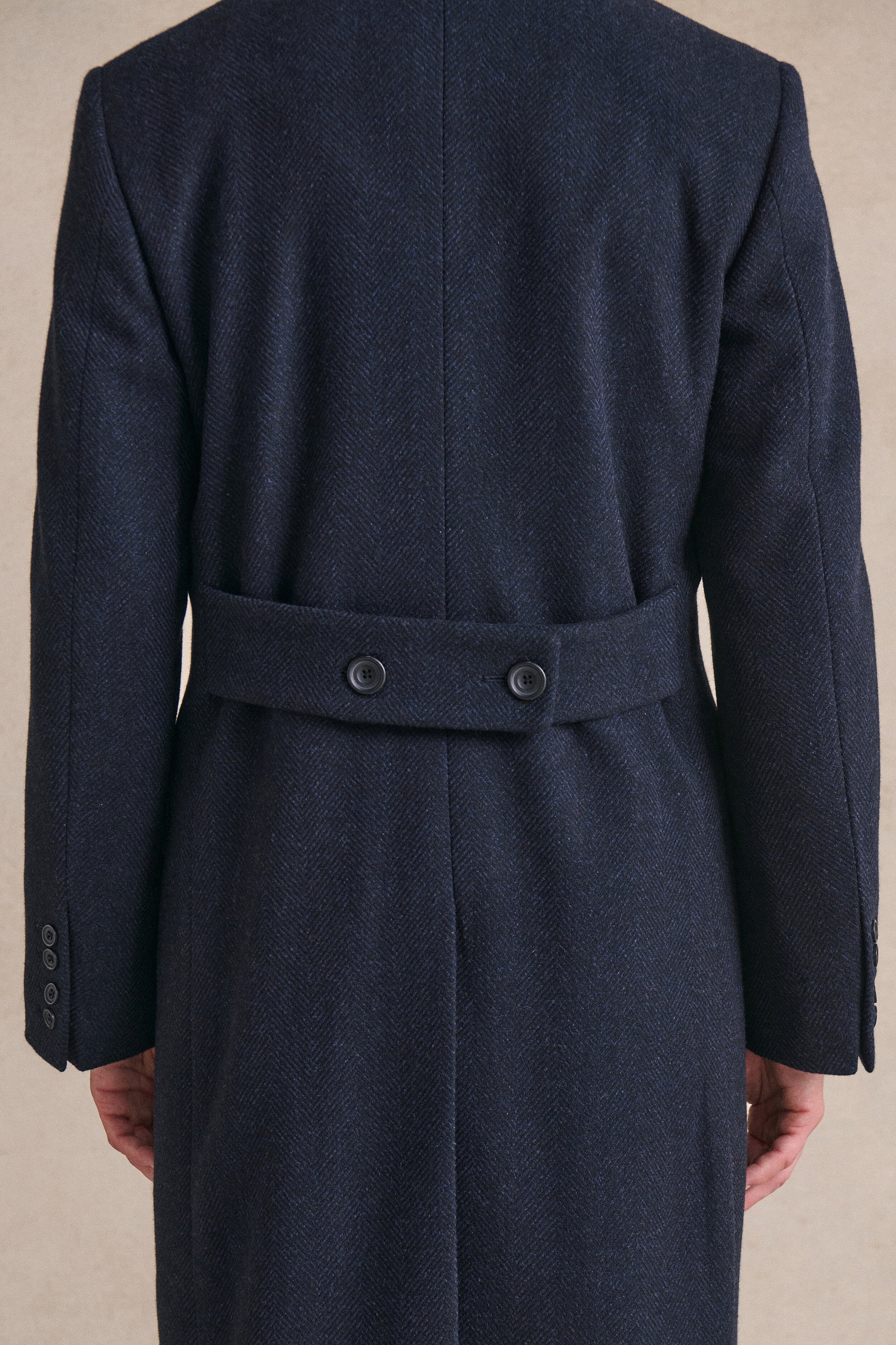 Navy Herringbone Double Breasted Wool Coat